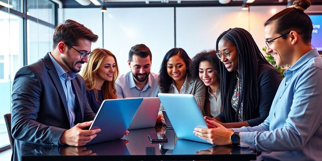 Team collaborating on digital marketing strategies in an office.