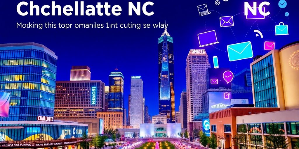 Charlotte NC skyline with digital marketing elements.